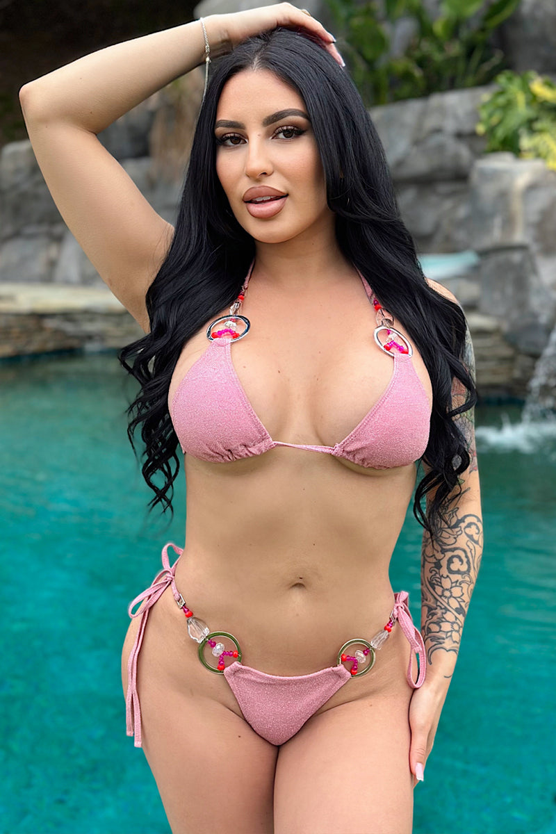 Pink Shimmer Crystals O-Ring Ruched Butt Sexy 2Pc Swimsuit Set