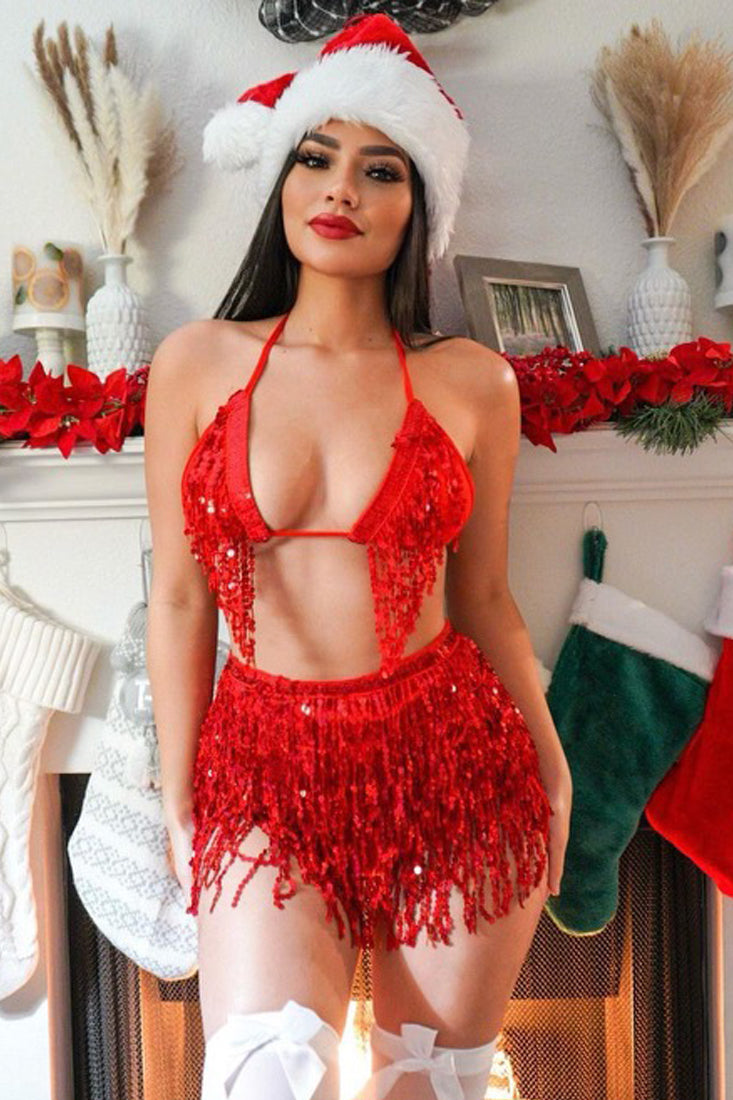 Red Sequin Fringe Three Piece Holiday Costume