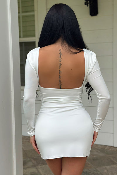 White V-Neck Long Sleeves Open Back Shoulder Pad Sexy Mini Party Dress