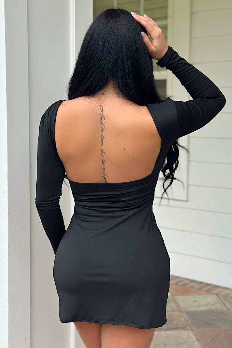 Black V-Neck Long Sleeves Open Back Shoulder Pad Sexy Mini Party Dress