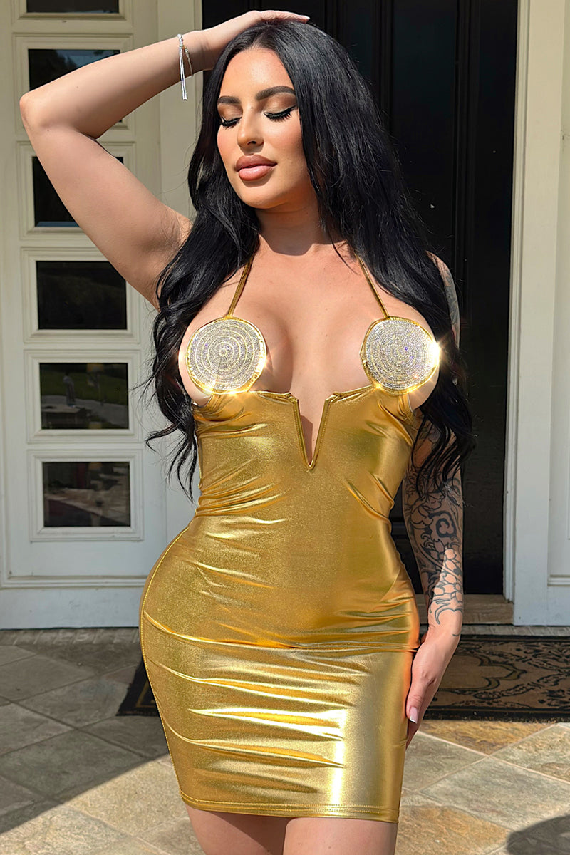 Gold Metallic Rhinestone V Cut Halter Sexy Fitted Party Dress