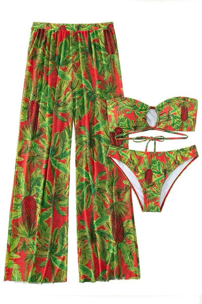 Green Red Palm Tree Print Bandeau High Waist Cheeky Pants Cover-Up 3Pc Swimsuit Set - AMIClubwear