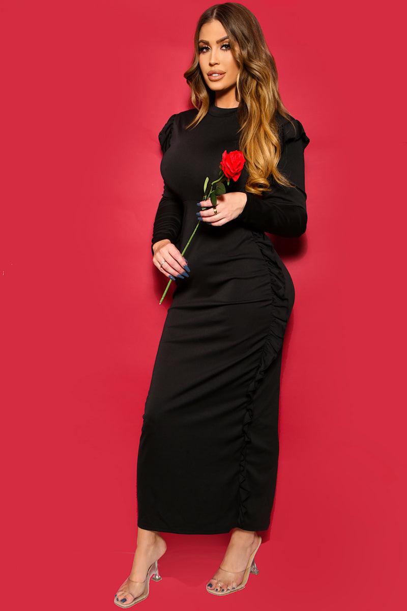 Black Ruffle Long Sleeves Back Slit Maxi Sexy Dress - AMIClubwear