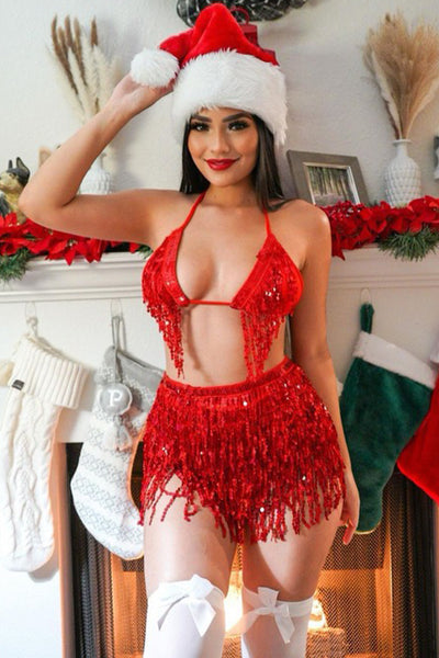Red Sequin Fringe Three Piece Holiday Costume