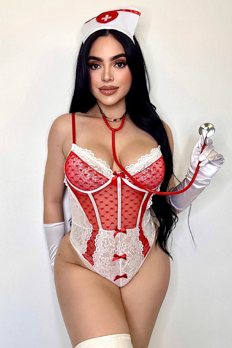 White Red Lace Thong Bodysuit Hat Sexy 2Pc Nurse Costume