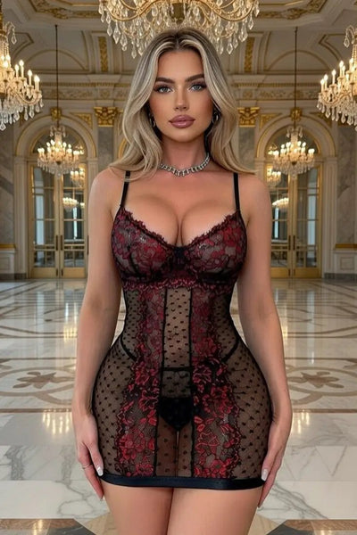 red and black lingerie dress Black Red Lace Cut-Out Bodycon Dress Thong Sexy 2Pc Lingerie Set –  AMIClubwear