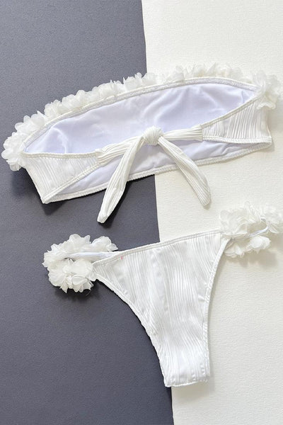 White 3D Flowers Bandeau Strapless Cheeky 2Pc Swimsuit Bikini - AMIClubwear