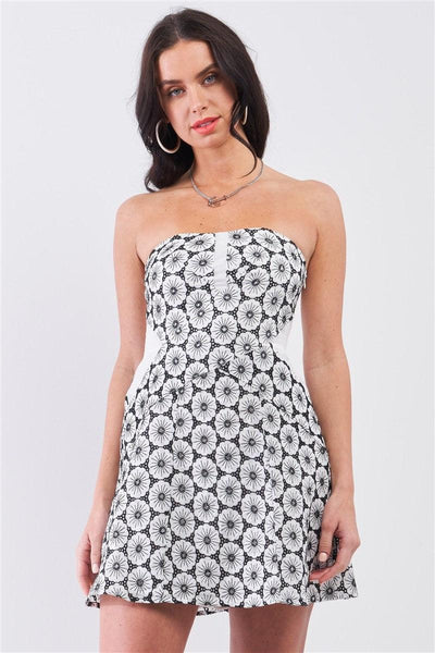White & Black Floral Crochet Sleeveless Strapless Smock Back Detail Mini Dress - AMIClubwear