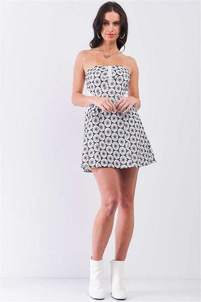 White & Black Floral Crochet Sleeveless Strapless Smock Back Detail Mini Dress - AMIClubwear