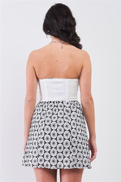 White & Black Floral Crochet Sleeveless Strapless Smock Back Detail Mini Dress - AMIClubwear