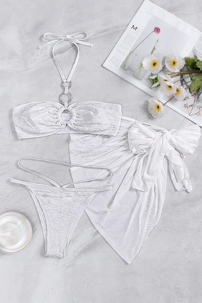 White Bandeau Halter Strappy O-Ring Cheeky Cover-Up 3 Pc Swimsuit Set - AMIClubwear