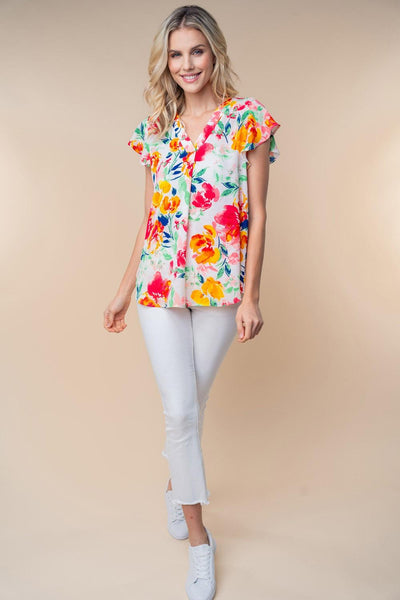 White Birch Full Size Short Sleeve Floral Woven Top - AMIClubwear