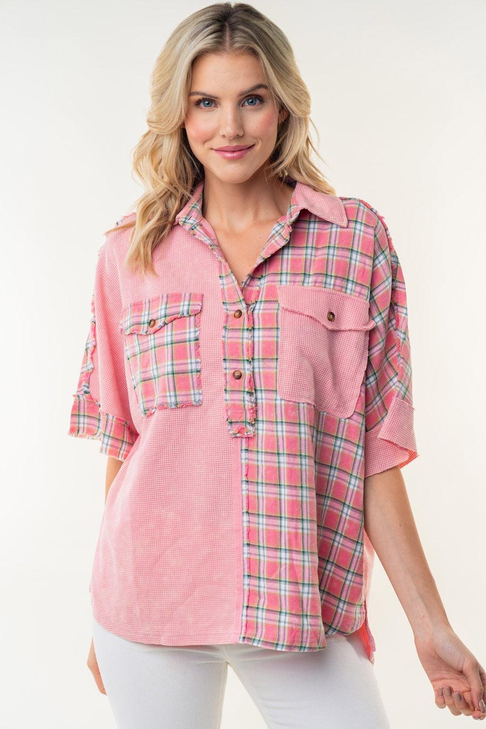 White Birch Plaid Color Block Half Button Top - AMIClubwear