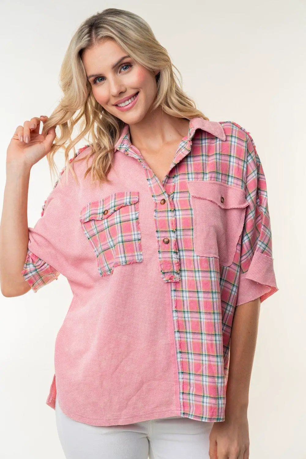 White Birch Plaid Color Block Half Button Top