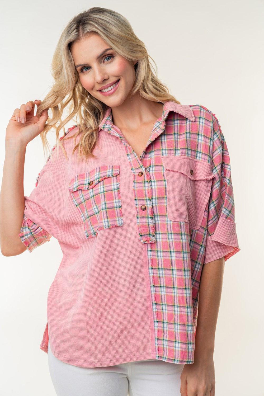 White Birch Plaid Color Block Half Button Top - AMIClubwear