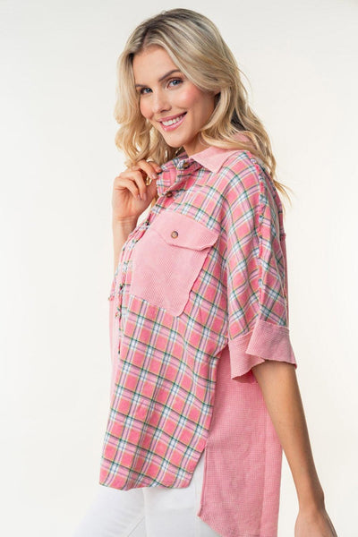 White Birch Plaid Color Block Half Button Top - AMIClubwear