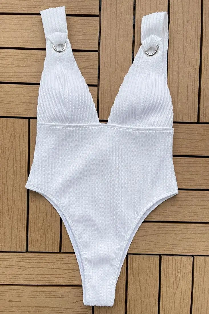 White Corduroy Ring High-Cut Sexy 1Pc Swimsuit Monokini