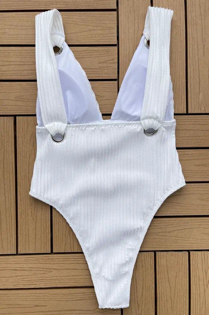 White Corduroy Ring High-Cut Sexy 1Pc Swimsuit Monokini