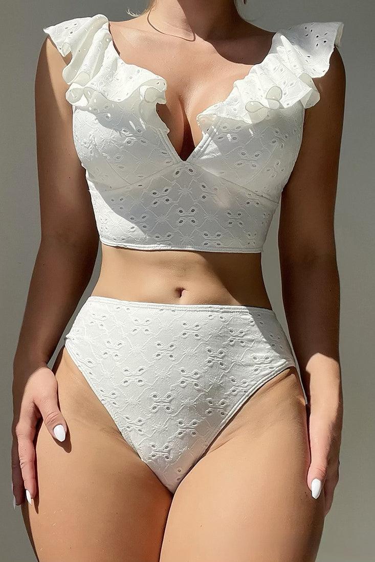 White Eyelet Ruffle Deep-V Bustier High Waist 2Pc Swimsuit Set - AMIClubwear