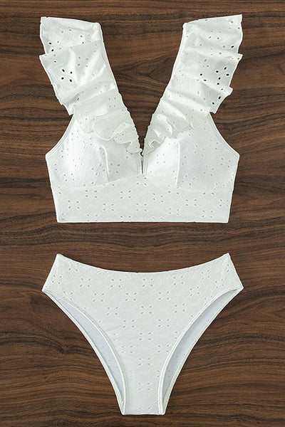 White Eyelet Ruffle Deep-V Bustier High Waist 2Pc Swimsuit Set - AMIClubwear