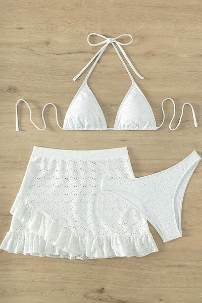 White Eyelet Triangle Cheeky Ruffle Skirt Cover-Up 3Pc Swimsuit Set - AMIClubwear