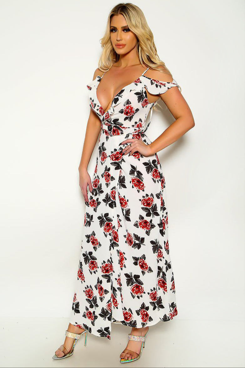 White Floral Wrap Around Off Shoulder Sexy Maxi Dress