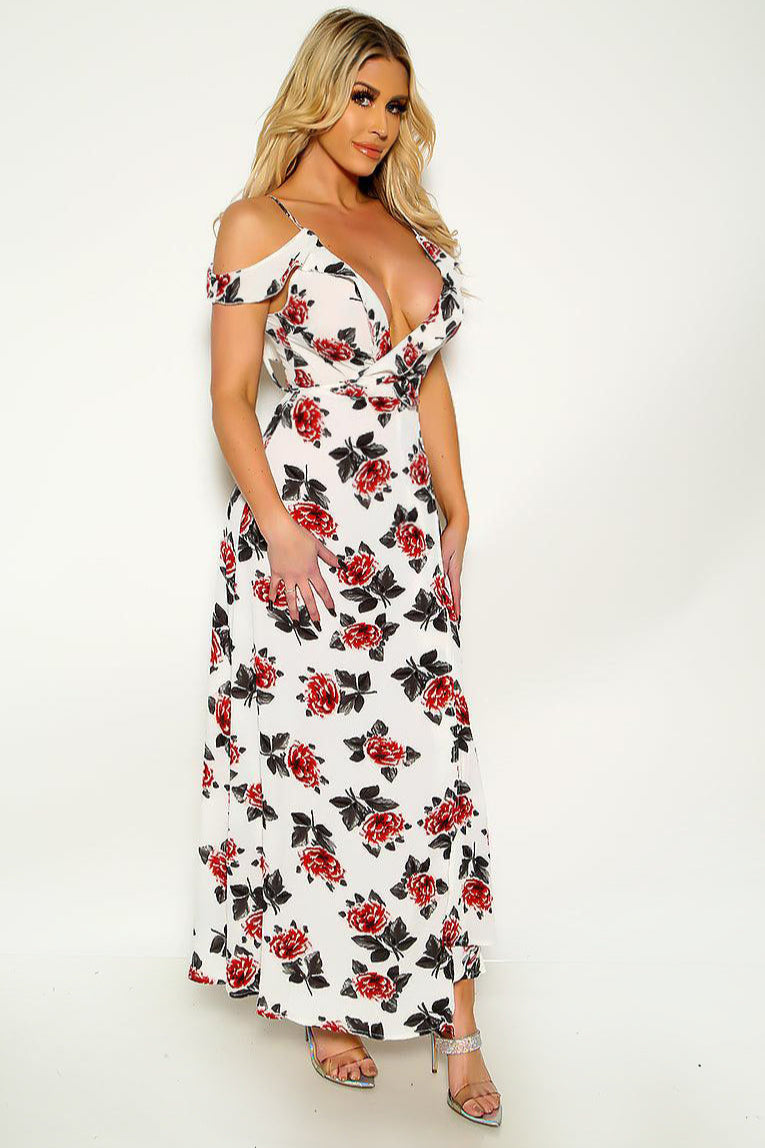 White Floral Wrap Around Off Shoulder Sexy Maxi Dress