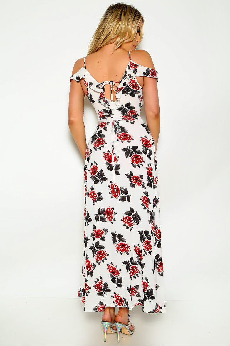 White Floral Wrap Around Off Shoulder Sexy Maxi Dress