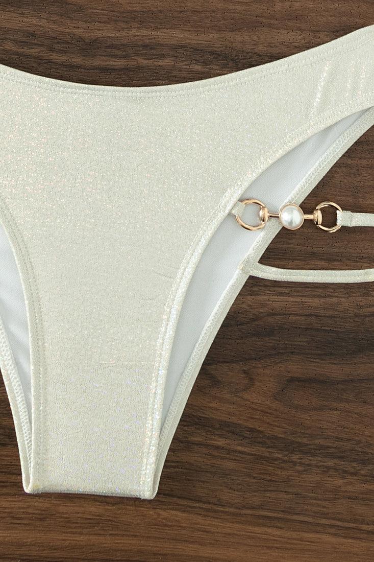 White Holographic Shiny Pearl Strappy Triangle Cheeky 2 Pc Swimsuit Set Bikini - AMIClubwear