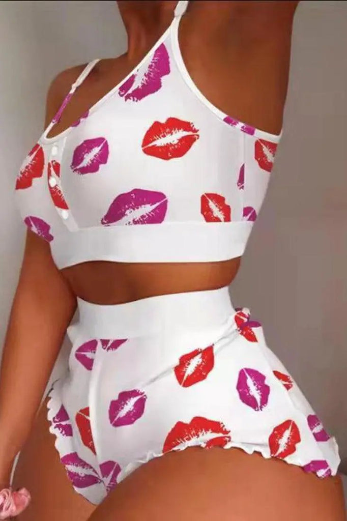 White Lips Print Crop Top Boy Shorts 2Pc Pajamas PJ Set