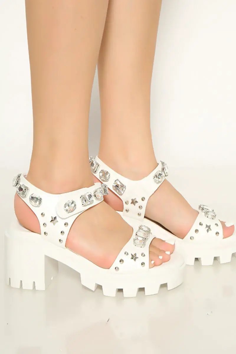 White Lug Sole Rhinestone Studs Comfy Chunky Heels