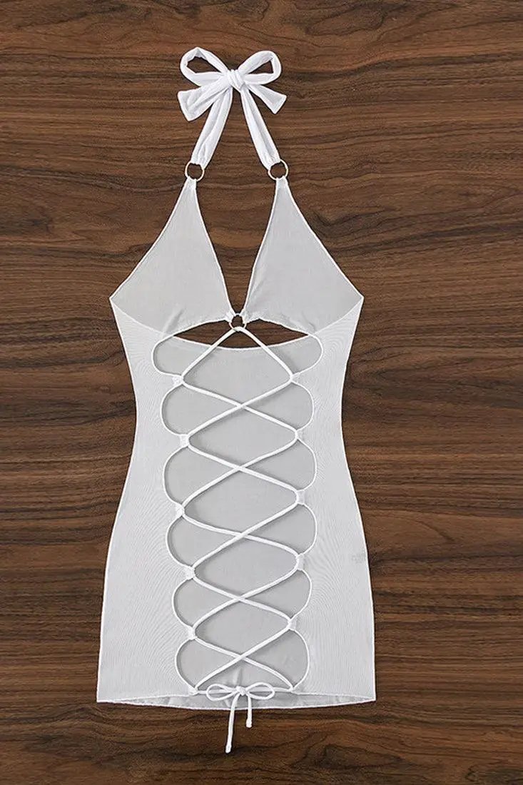 White Mesh Lace Up Swimsuit Cover Up Dress  AMIClubwear
