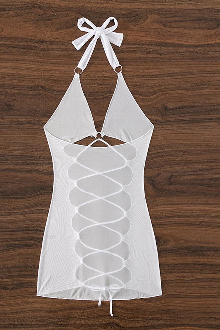 White Mesh Lace Up Swimsuit Cover Up Dress - AMIClubwear