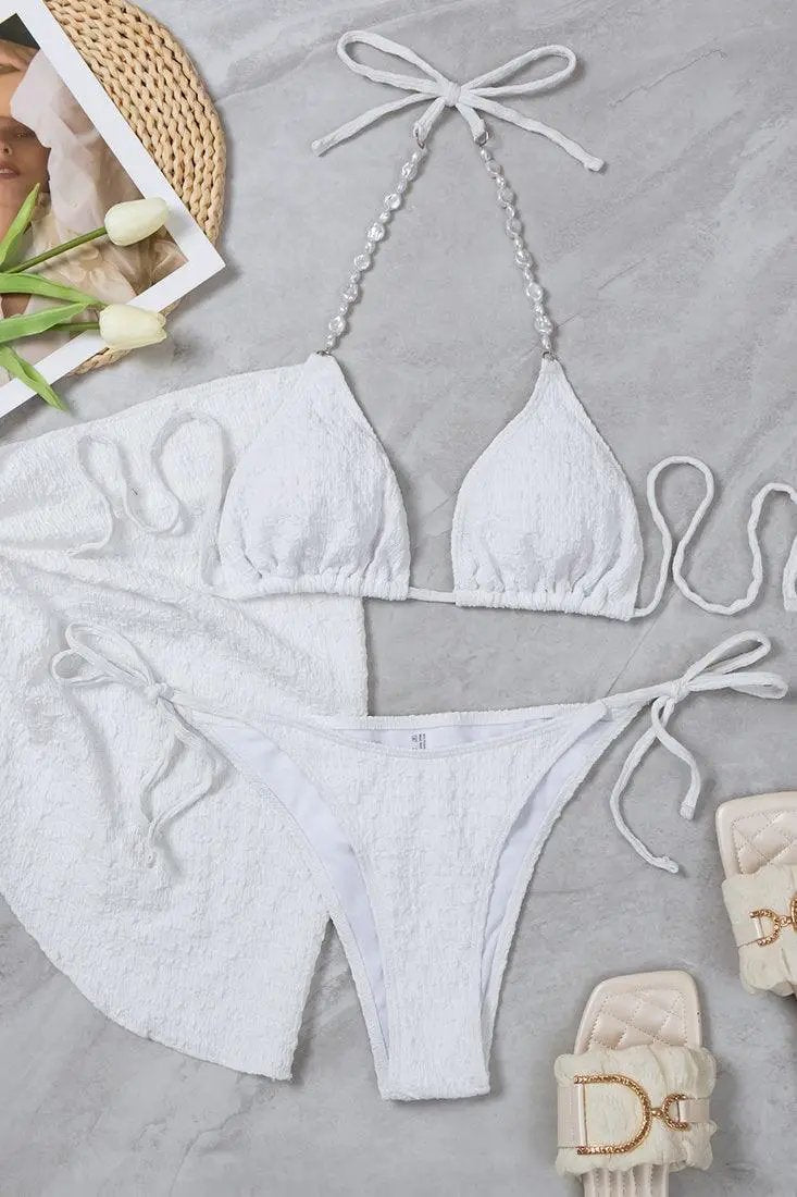 White Natural Pearl Straps Triangle Cheeky Cover-Up 3 Pc Sexy Swimsuit Set Bikini
