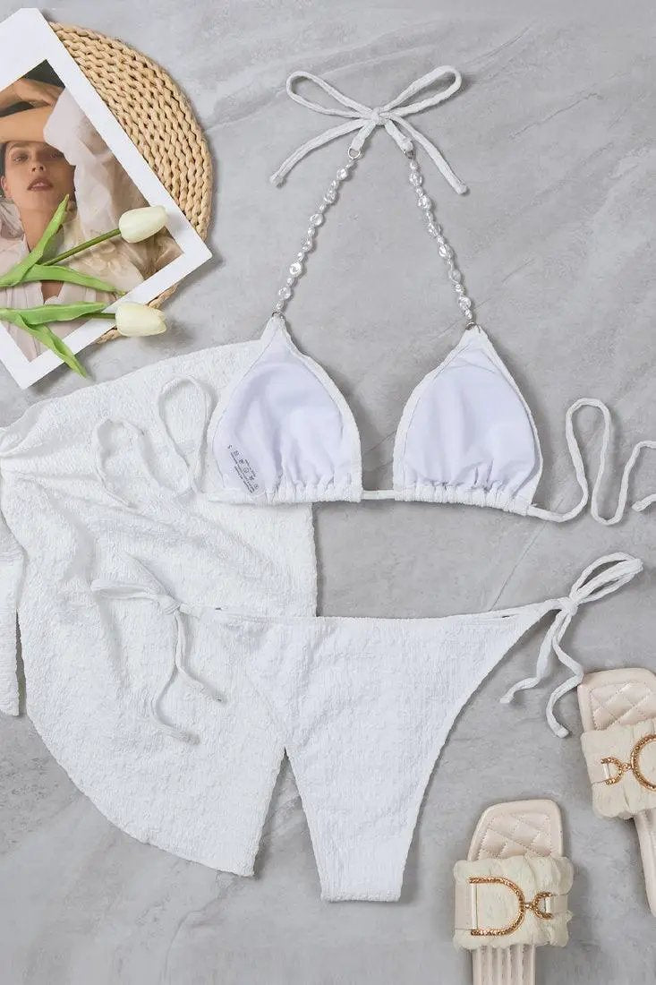 White Natural Pearl Straps Triangle Cheeky Cover-Up 3 Pc Sexy Swimsuit Set Bikini