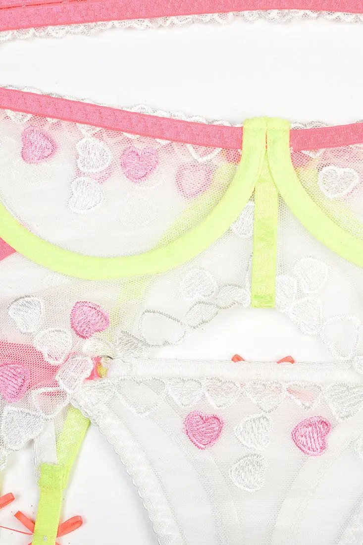 White Neon Hearts Embroider Mesh Bra Garter Belt Thong 5Pc Lingerie Set