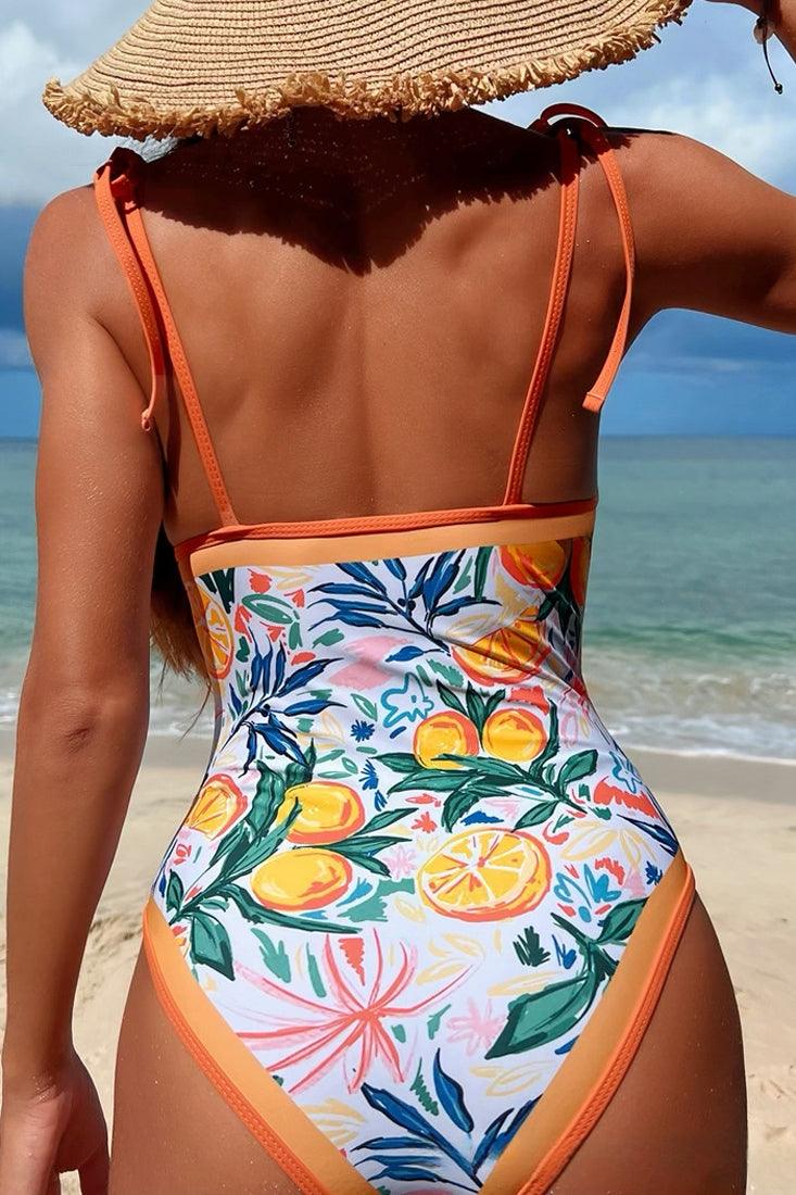 White Orange Italian Citrus Print Ribbon Tie Sexy 1Pc Swimsuit Monokini - AMIClubwear