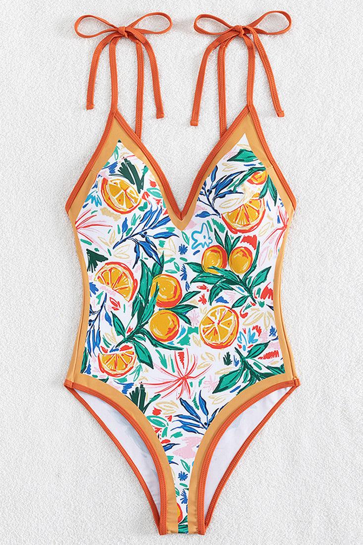 White Orange Italian Citrus Print Ribbon Tie Sexy 1Pc Swimsuit Monokini - AMIClubwear