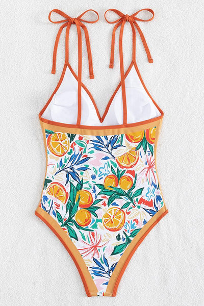 White Orange Italian Citrus Print Ribbon Tie Sexy 1Pc Swimsuit Monokini - AMIClubwear