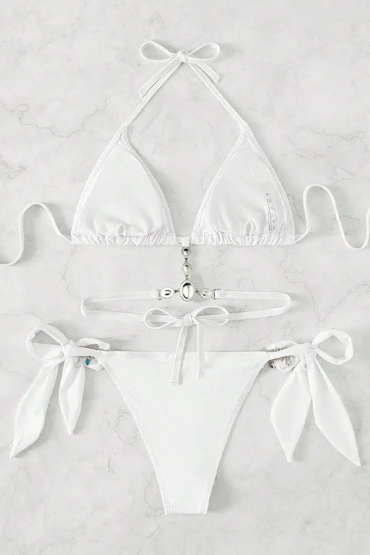 White Rhinestone Tie Back Triangle Bikini 2 Pc Swimsuit
