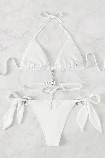 White Rhinestone Tie Back Triangle Bikini 2 Pc Swimsuit - AMIClubwear