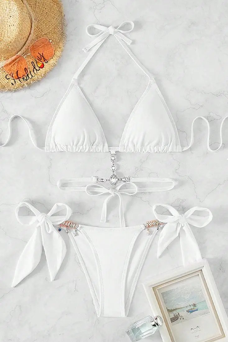 White Rhinestone Tie Back Triangle Bikini 2 Pc Swimsuit
