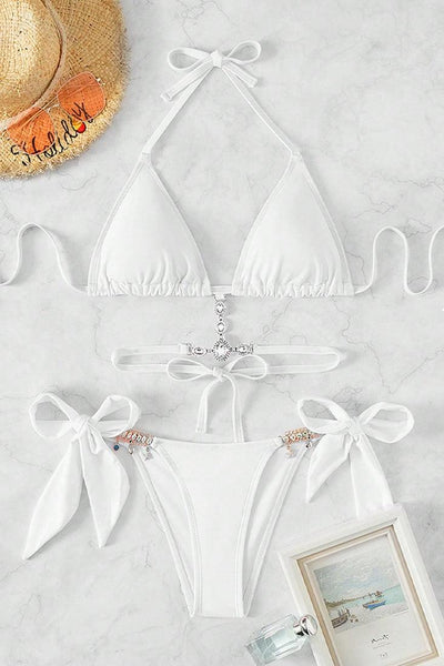 White Rhinestone Tie Back Triangle Bikini 2 Pc Swimsuit - AMIClubwear