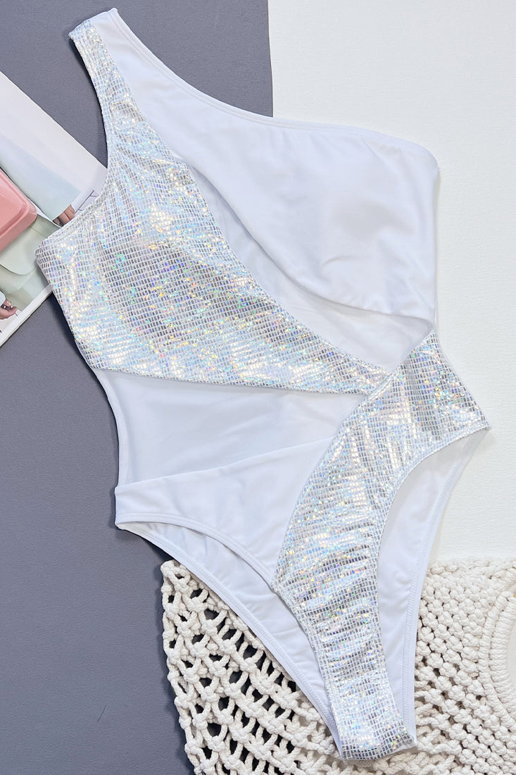 White Silver Metallic Holographic Cut Out Mesh One Shoulder 1pc Monokini Swimsuit - AMIClubwear