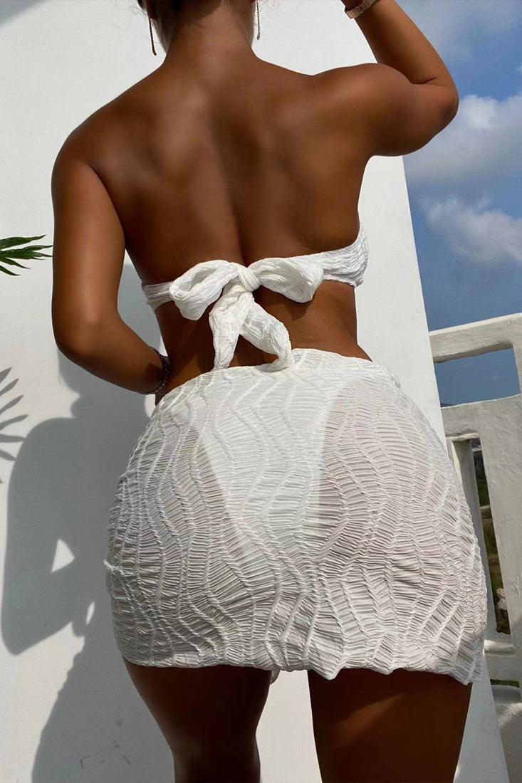 White Textured Fabric Heart Rhinestone Bandeau 3 Pc Cover Up Swimsuit Set Bikini - AMIClubwear