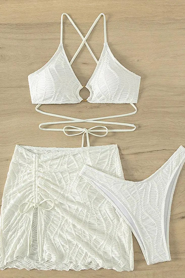 White Textured Fabric Three Piece Swimsuit  Cheeky Bikini