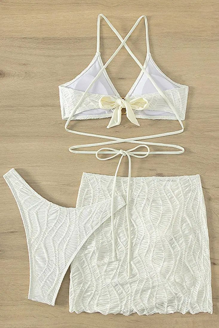 White Textured Fabric Three Piece Swimsuit  Cheeky Bikini