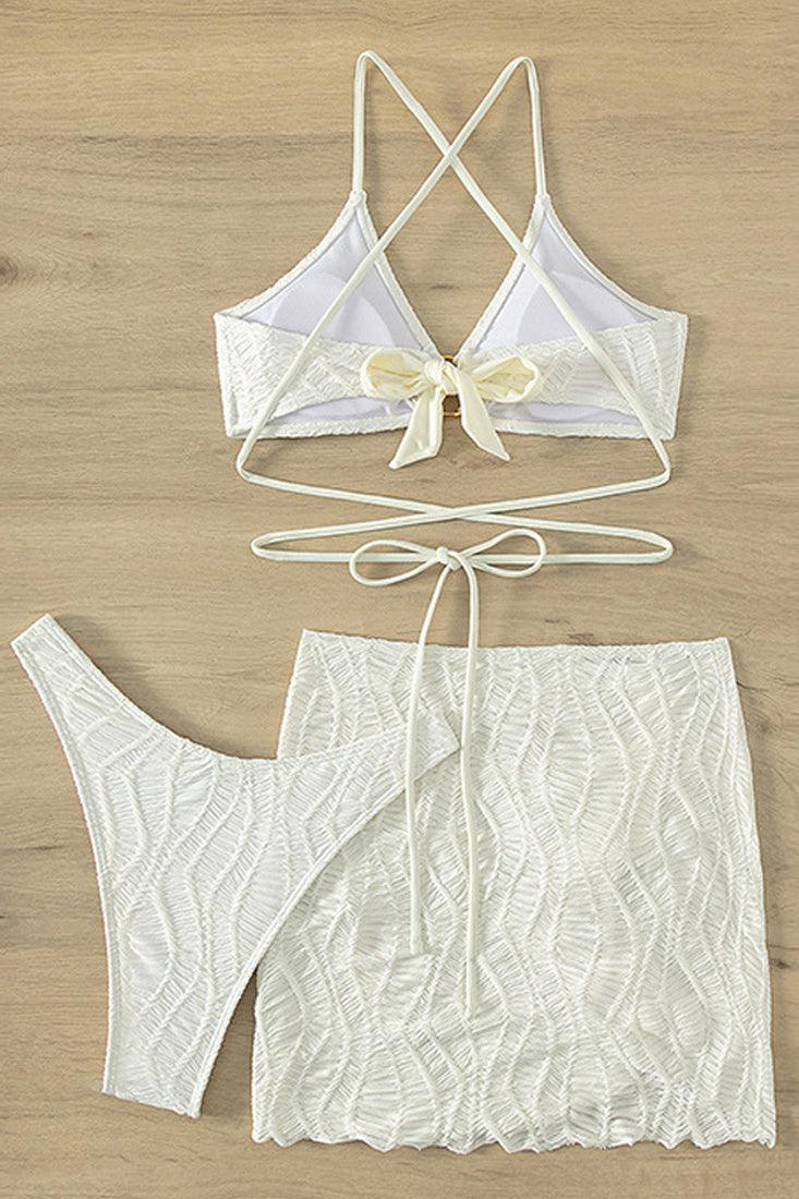 White Textured Fabric Three Piece Swimsuit Cheeky Bikini - AMIClubwear