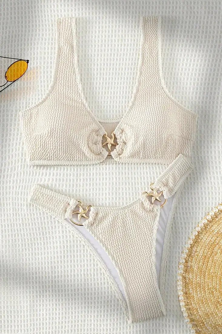 White Textured Gold Star Fish Decor Cheeky 2Pc Sexy Swimsuit Set