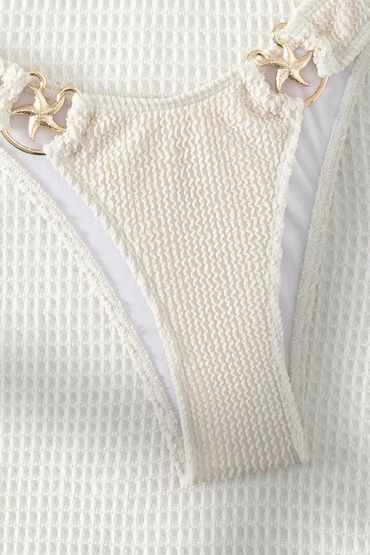 White Textured Gold Star Fish Decor Cheeky 2Pc Sexy Swimsuit Set